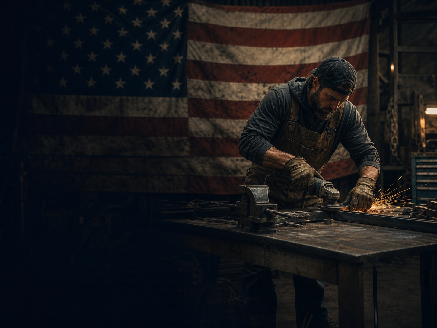 Tradesman working at a steel bench under an American flag