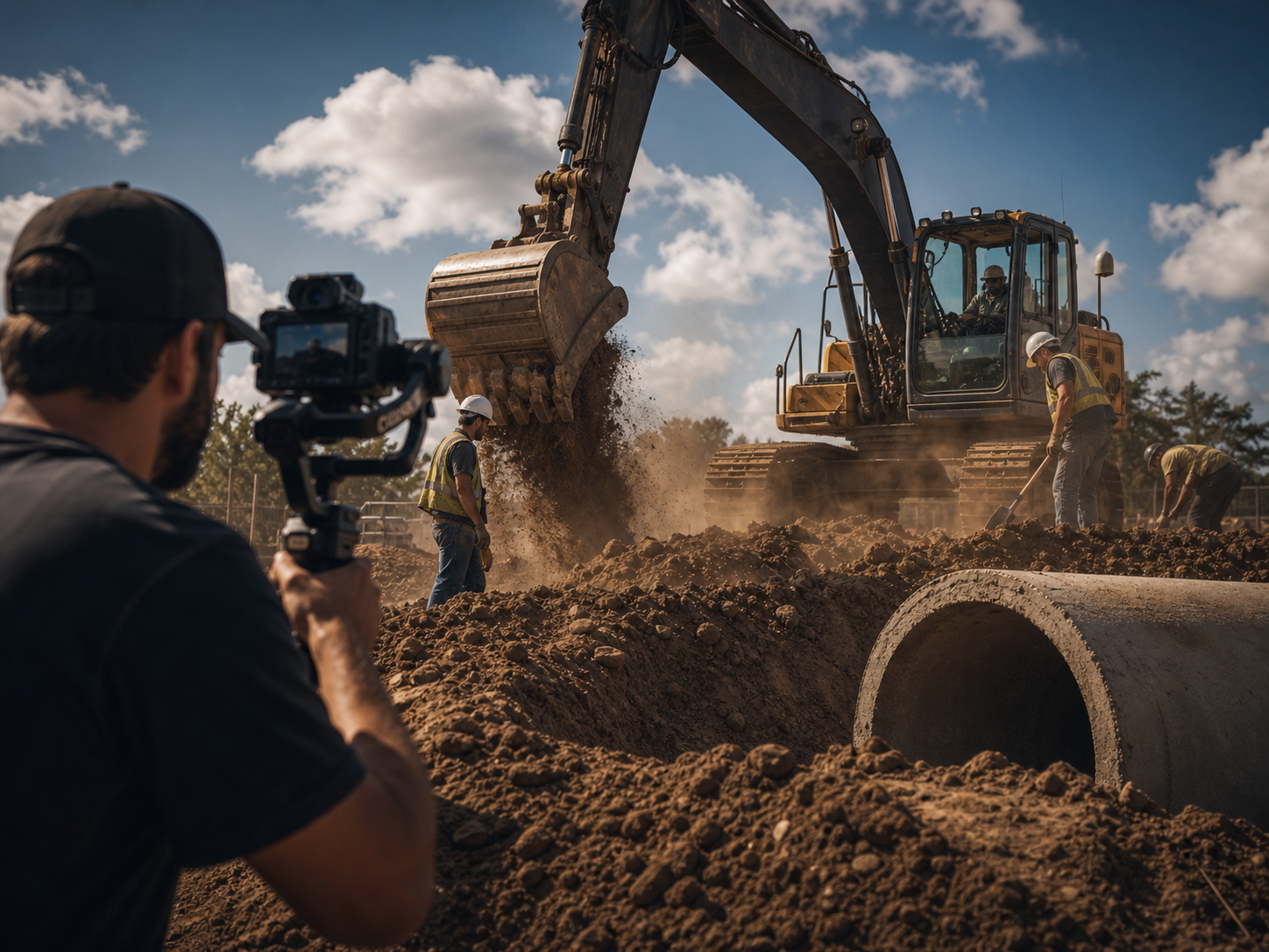 Excavator and dirt moving crew on a construction site