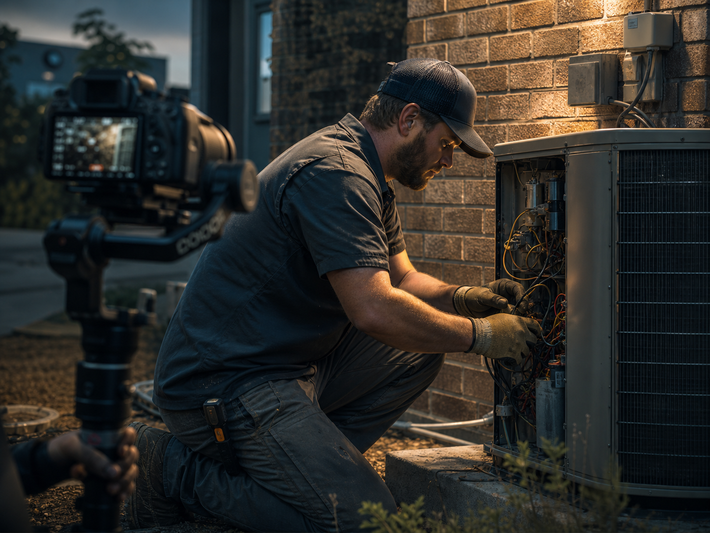 HVAC technician servicing an outdoor air conditioner