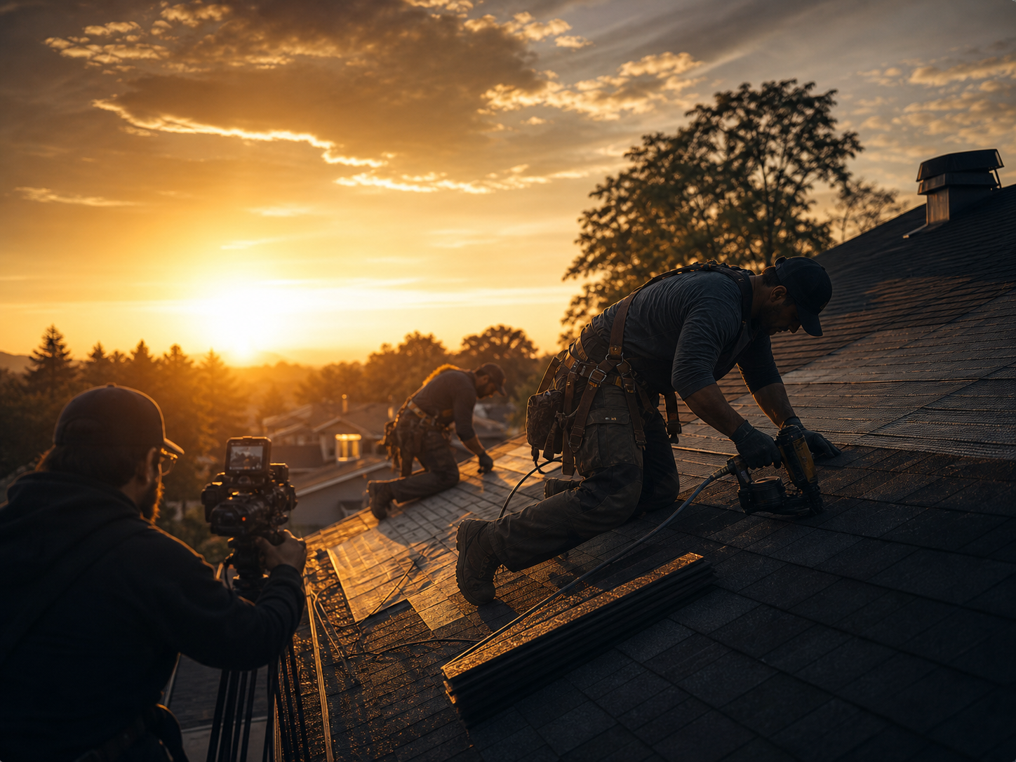 Roofing crew working on a residential roof