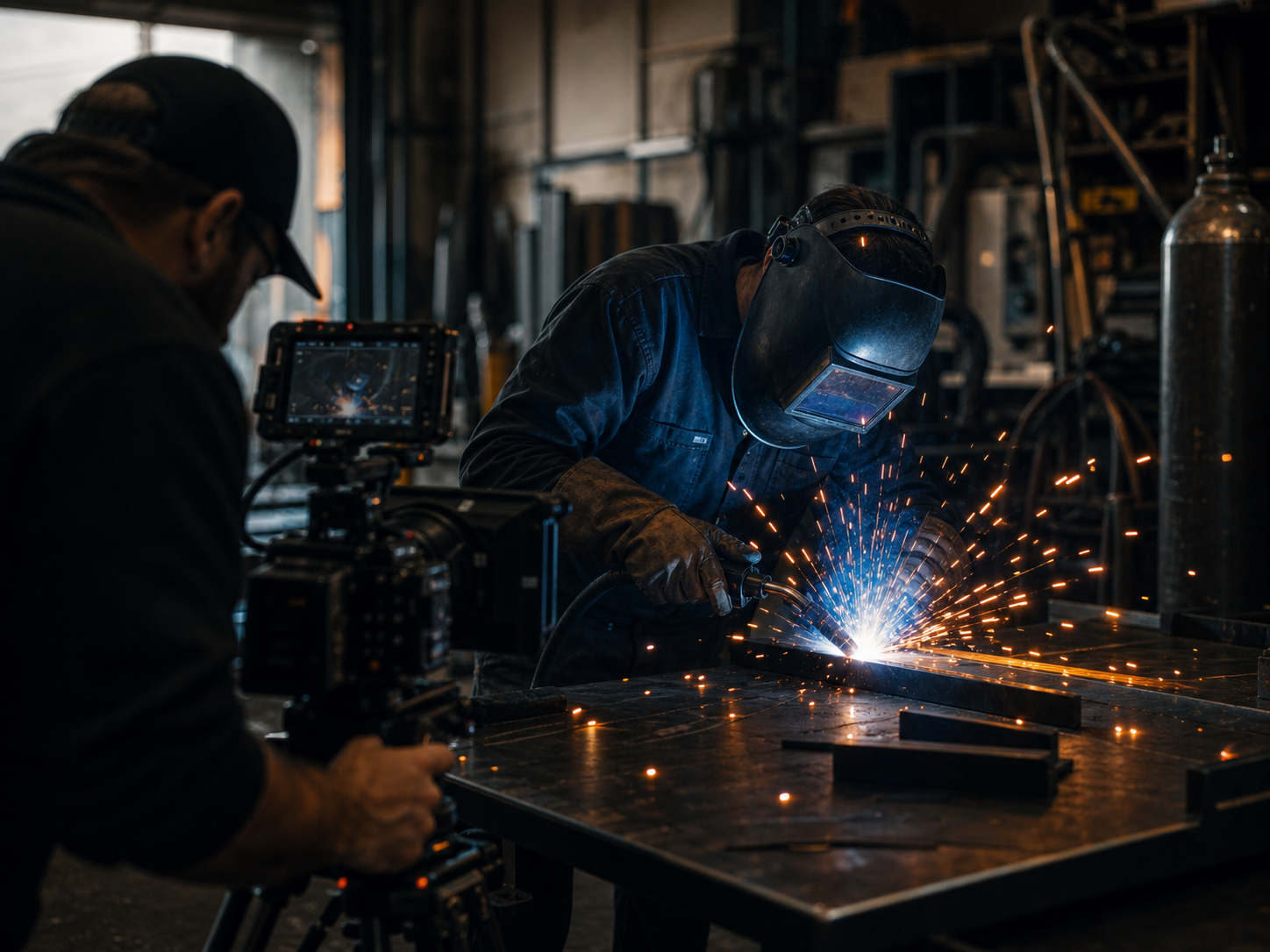Welder creating sparks in a fabrication shop